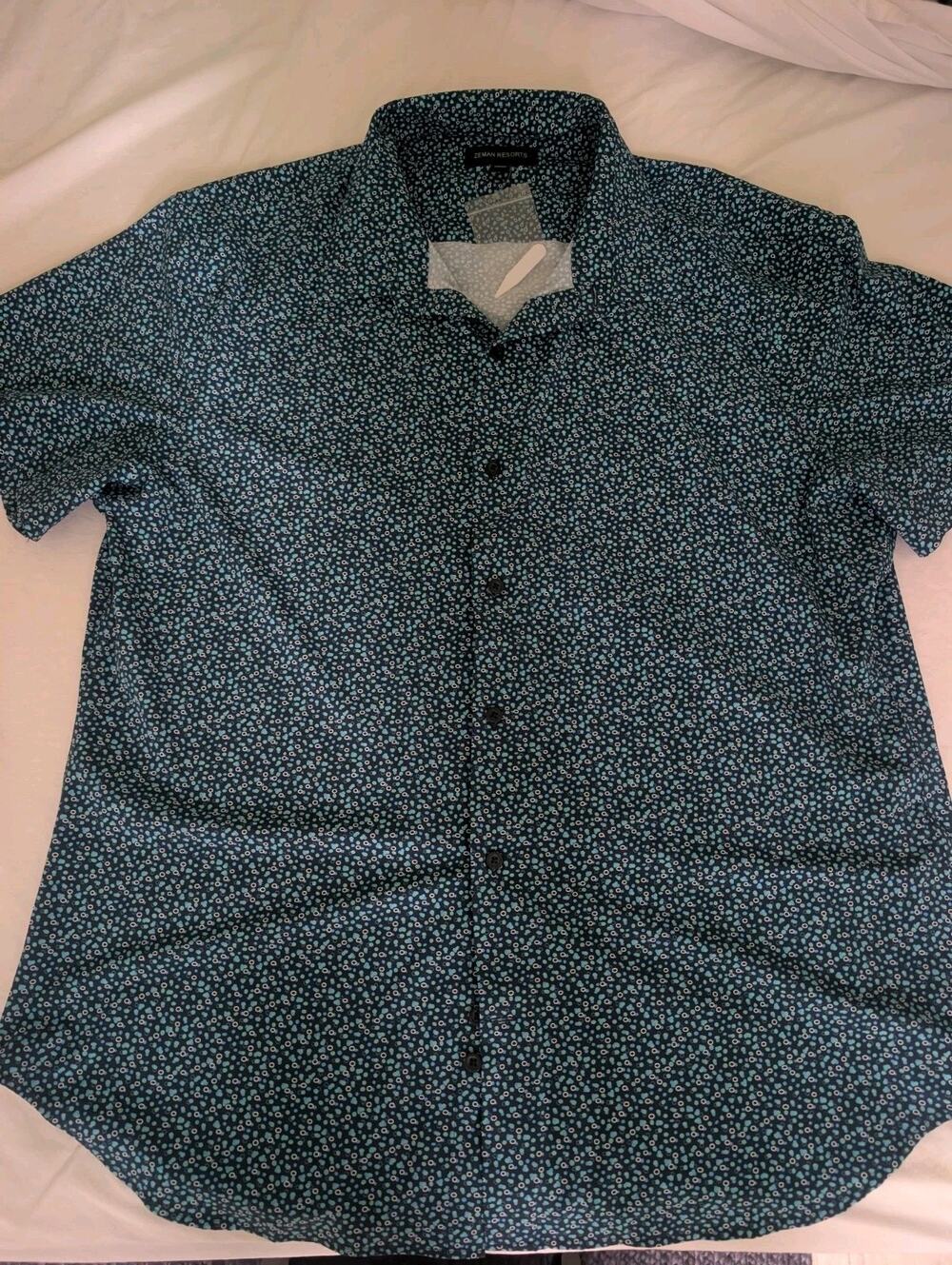 Zeman Resorts Button Down Shirt Men’s 2XL Green abstract pattern S. Sleeve NEW